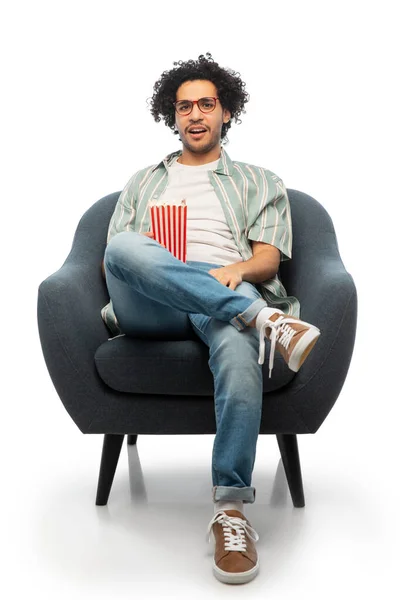 Cinema Leisure Entertainment Concept Displeased Man Popcorn Watching Movie Sitting — Stock Photo, Image