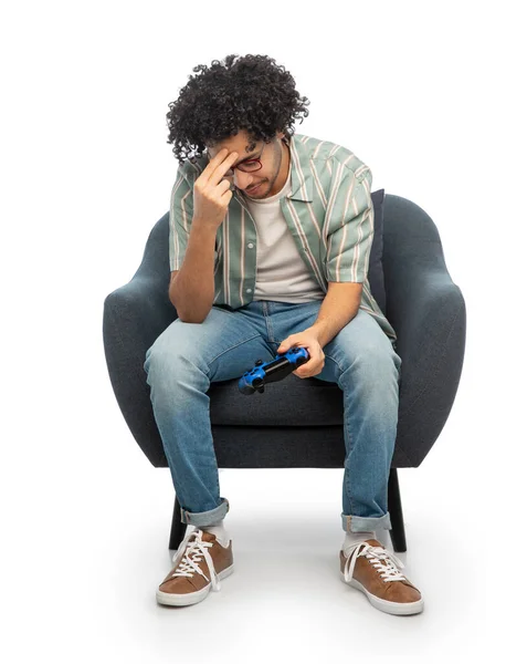 Technology People Leisure Concept Sad Man Glasses Gamepad Sitting Chair — Fotografia de Stock