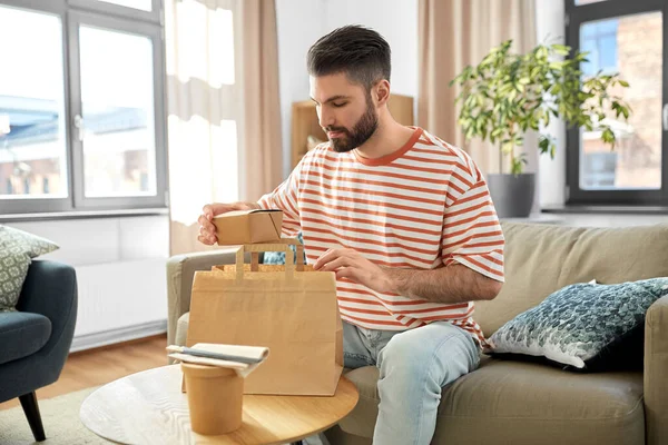 Consumption Eating People Concept Man Unpacking Takeaway Food Paper Bag — Foto de Stock