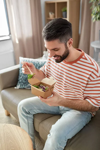 Consumption Delivery People Concept Smiling Man Fork Knife Eating Takeaway — Stock fotografie