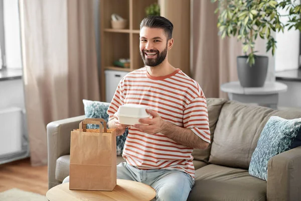 Consumption Eating People Concept Smiling Man Unpacking Takeaway Food Paper — Fotografia de Stock