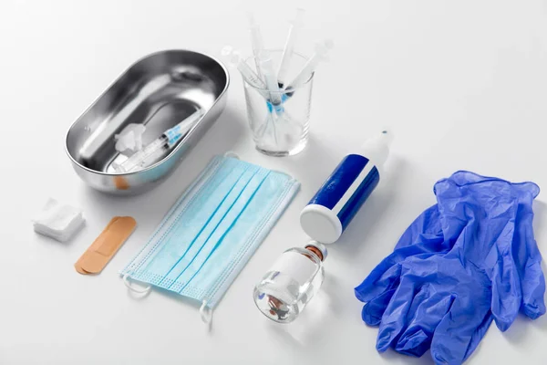 Medicine Healthcare Concept Close Syringes Gloves Mask Other Medical Stuff — Foto de Stock