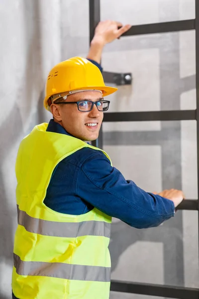 Architecture Construction Building Concept Happy Smiling Male Architect Helmet Goggles — Stock Photo, Image