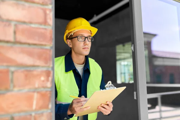 Construction Business Building Concept Male Builder Helmet Safety West Papers — Stockfoto
