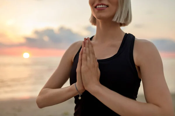 Yoga Mindfulness Meditation Concept Close Happy Smiling Woman Meditating Beach — Stockfoto