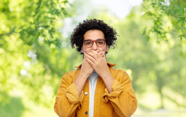 People Emotion Concept Man Glasses Yellow Jacket Covering Mouth Hands — Stock Photo, Image