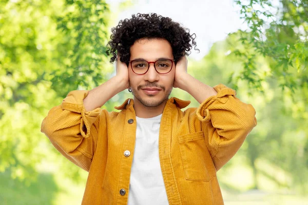 People Noise Stress Concept Man Yellow Jacket Closing Ears Hands — Foto Stock