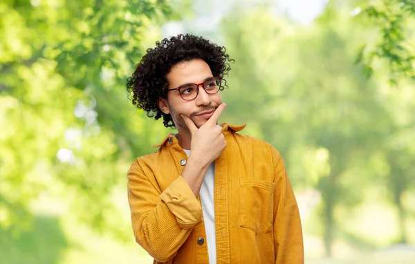 People Fashion Concept Thinking Man Glasses Yellow Jacket Green Natural — Foto Stock