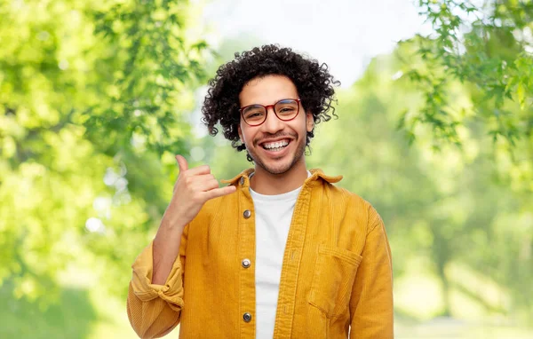 People Fashion Concept Happy Smiling Man Glasses Yellow Jacket Making — Foto Stock
