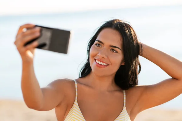 People Summer Swimwear Concept Happy Smiling Young Woman Bikini Swimsuit — Stockfoto