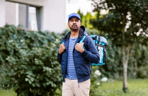 Food Shipping Profession People Concept Indian Delivery Man Thermal Insulated — Stock Photo, Image