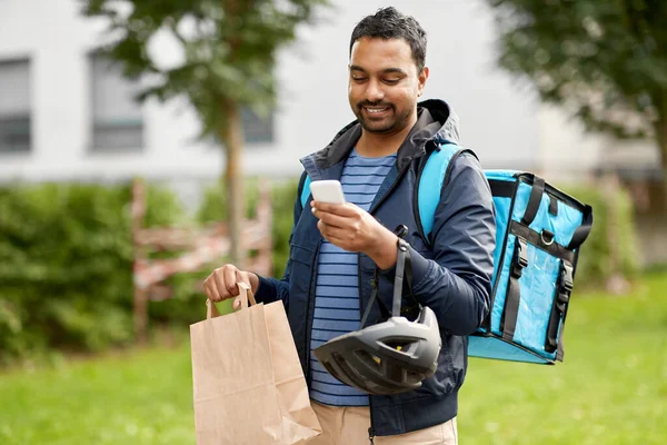 Expédition Alimentaire Profession Concept Personnes Heureux Sourire Livreur Avec Sac — Photo