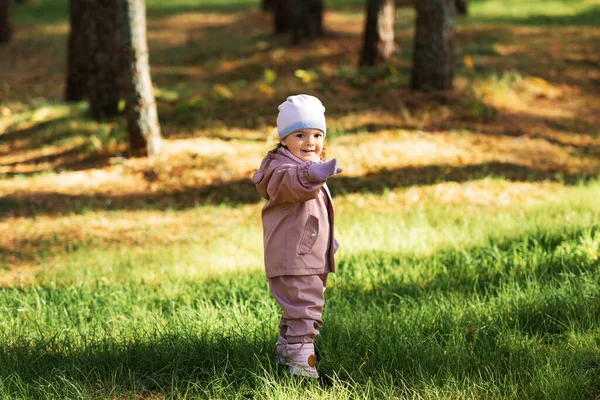 子供時代 レジャー 季節のコンセプト 幸せな小さな赤ちゃんの女の子は秋の公園を歩く — ストック写真