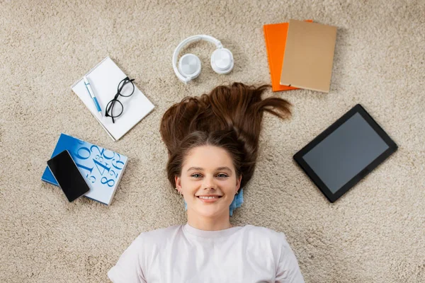 School Education People Concept Happy Smiling Student Girl Books Gadgets — Stock Photo, Image