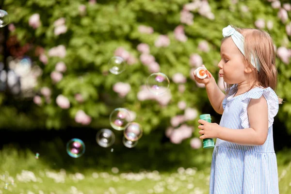 Childhood Leisure People Concept Little Girl Blowing Soap Bubbles Summer — Stock Photo, Image