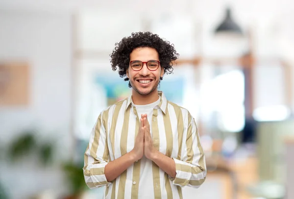 People Work Faith Concept Happy Smiling Man Glasses Making Namaste —  Fotos de Stock