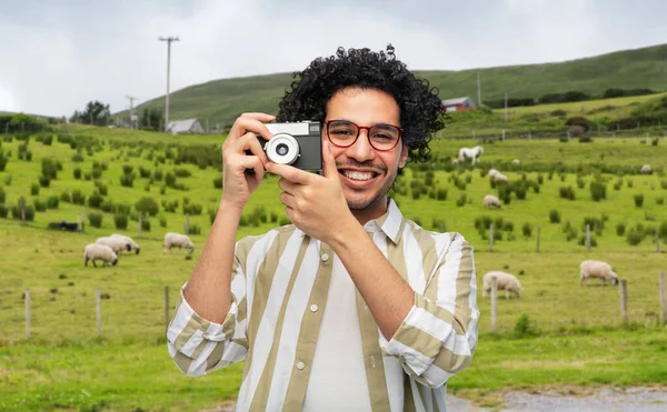 Photography Travel Tourism Concept Happy Smiling Tourist Man Photographer Glasses —  Fotos de Stock