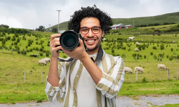 Photography Travel Tourism Concept Happy Smiling Tourist Man Photographer Glasses — Foto Stock