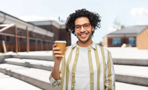 Drinks People Concept Smiling Young Man Glasses Takeaway Coffee Cup —  Fotos de Stock