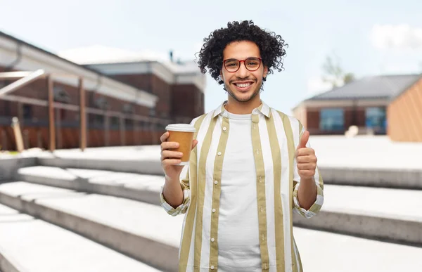 Drinks People Concept Smiling Young Man Glasses Takeaway Coffee Cup — Φωτογραφία Αρχείου