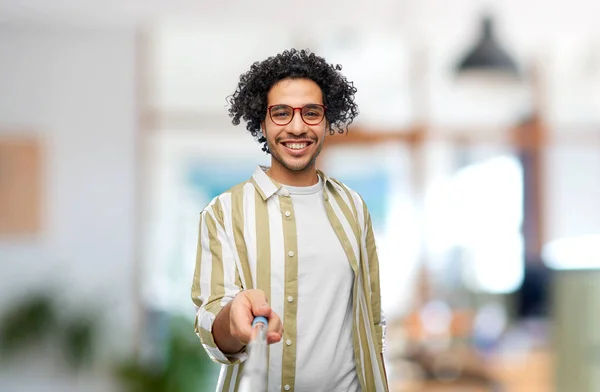 People Concept Happy Smiling Young Man Glasses Taking Picture Selfie — Stock Photo, Image