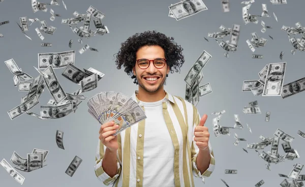 Finance Currency People Concept Happy Man Holding Hundreds Dollar Money — Stock Photo, Image