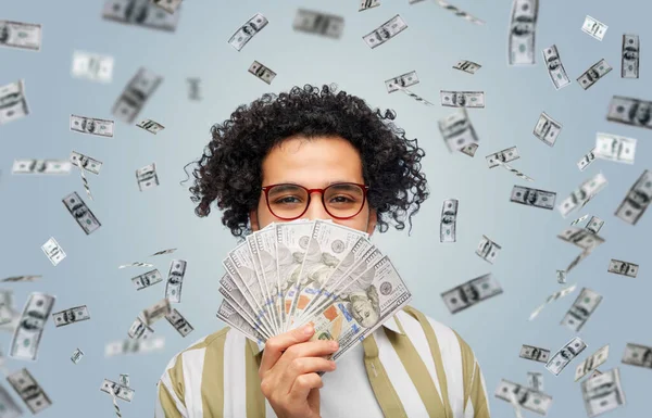 Finance Currency People Concept Happy Man Holding Hundreds Dollar Money — Stockfoto