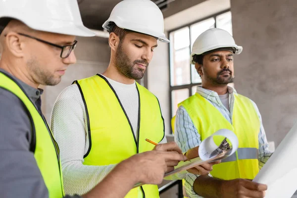 Architecture Construction Business People Concept Male Architects Helmets Clipboard Discussing — Stock Photo, Image
