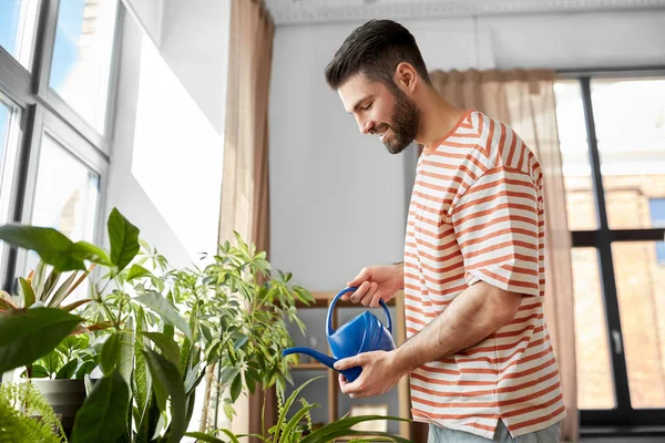 People Nature Plants Care Concept Happy Smiling Man Watering Flowers — Stock Photo, Image