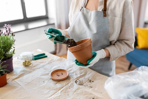 Gente Jardinería Concepto Plantación Primer Plano Mujer Guantes Con Paleta —  Fotos de Stock