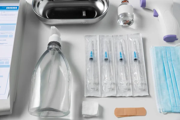 Medicine Healthcare Concept Close Syringes Mask Hand Sanitizer Other Medical — 스톡 사진