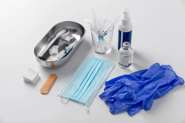Medicine Healthcare Concept Close Syringes Gloves Mask Other Medical Stuff — Foto de Stock