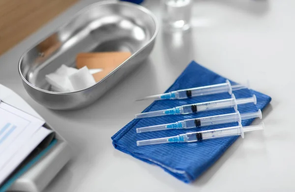 Medicine Vaccination Healthcare Concept Disposable Syringes Blue Wipe Other Stuff — 스톡 사진