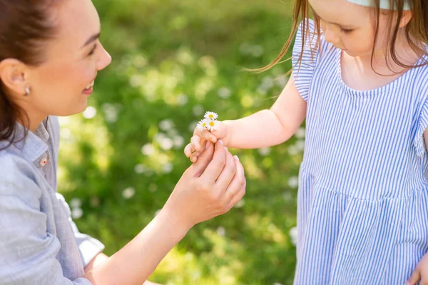 family, motherhood and people concept - happy mother with little daughter with daisy flowers at summer park or garden