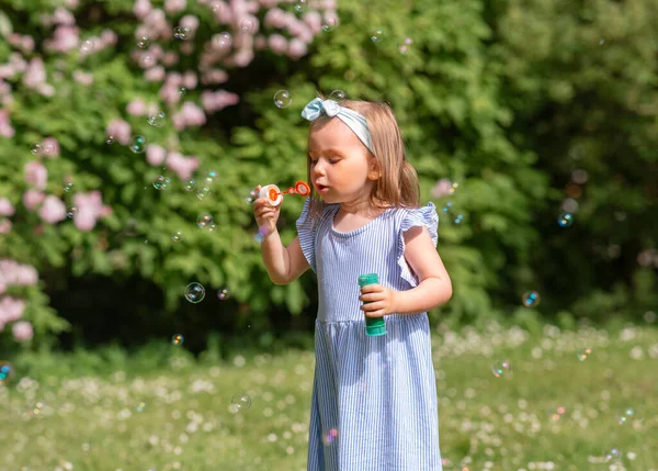 Childhood Leisure People Concept Little Girl Blowing Soap Bubbles Summer — Stock Photo, Image