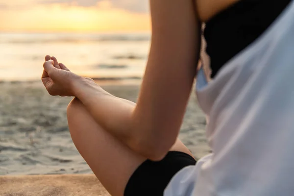 Yoga Mindfulness Meditation Concept Close Woman Meditating Lotus Pose Beach — Zdjęcie stockowe