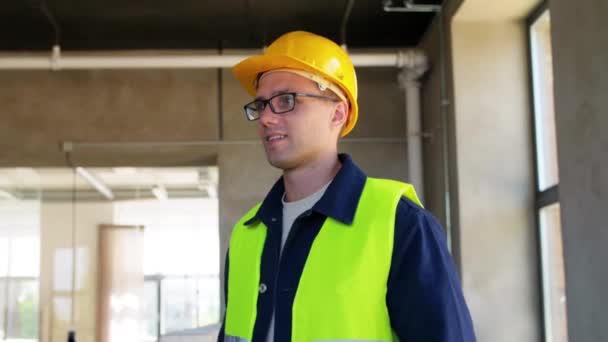 Building Construction Business Profession Concept Happy Smiling Male Builder Helmet — 图库视频影像