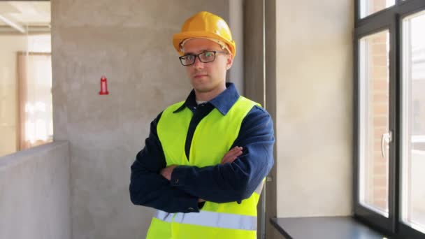 Arhitectură Afaceri Construcții Concept Construcție Fericit Zâmbitor Constructor Sex Masculin — Videoclip de stoc