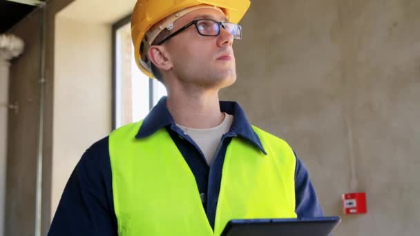 Architecture Construction Business Building Concept Male Builder Helmet Safety West — Stockvideo