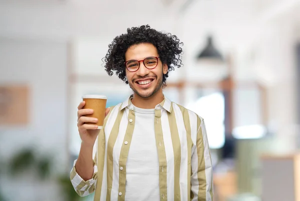 Drinks People Concept Smiling Young Man Glasses Takeaway Coffee Cup — Stok fotoğraf
