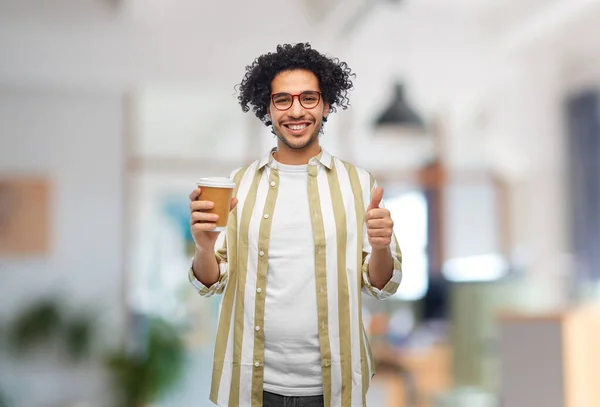 Drinks People Concept Smiling Young Man Glasses Takeaway Coffee Cup — Stok fotoğraf