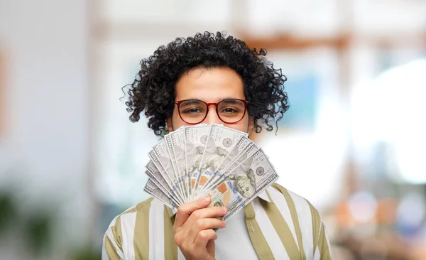 Finance Currency People Concept Happy Man Holding Hundreds Dollar Money — Zdjęcie stockowe