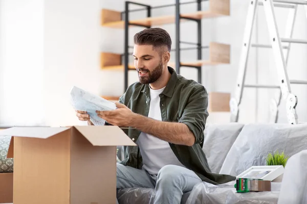 Moving People Real Estate Concept Happy Man Unpacking Boxes New — 스톡 사진