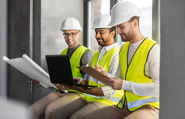 Architecture Construction Business People Concept Group Male Architects Helmets Laptop — Stock Photo, Image