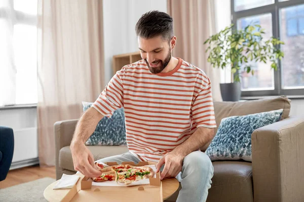Food Delivery Consumption People Concept Happy Man Opening Box Eating — Stock Photo, Image