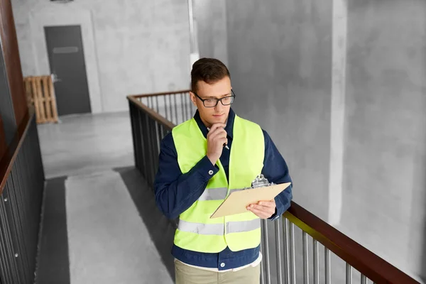 Construction Business Building Concept Male Worker Safety West Clipboard Working — Foto Stock