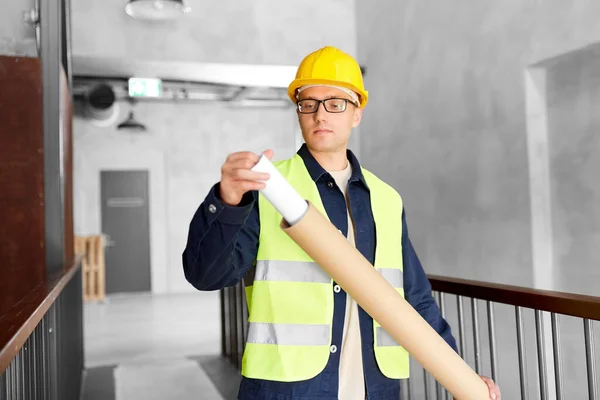 Arquitetura Construção Negócios Conceito Pessoas Arquiteto Masculino Capacete Com Planta — Fotografia de Stock