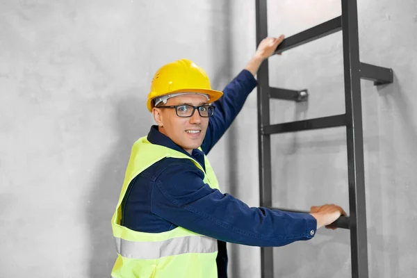 Architecture Construction Building Concept Happy Smiling Male Builder Worker Helmet — Stockfoto