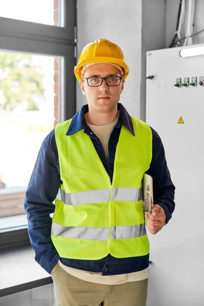 Construction Business Building Concept Male Electrician Worker Helmet Safety West — Fotografia de Stock