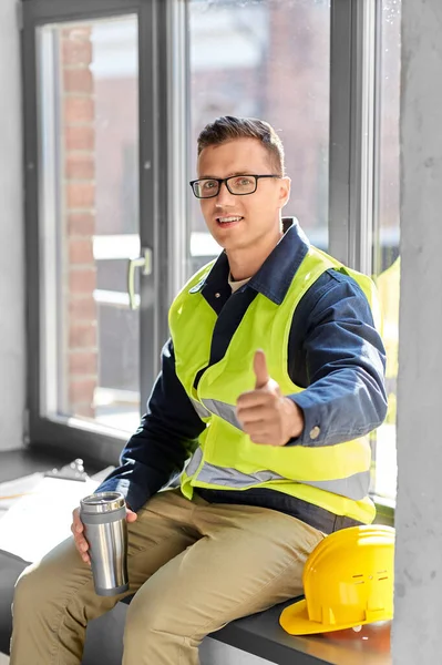 Architektur Baugewerbe Und Personenkonzept Glücklich Lächelnder Männlicher Bauunternehmer Oder Architekt — Stockfoto